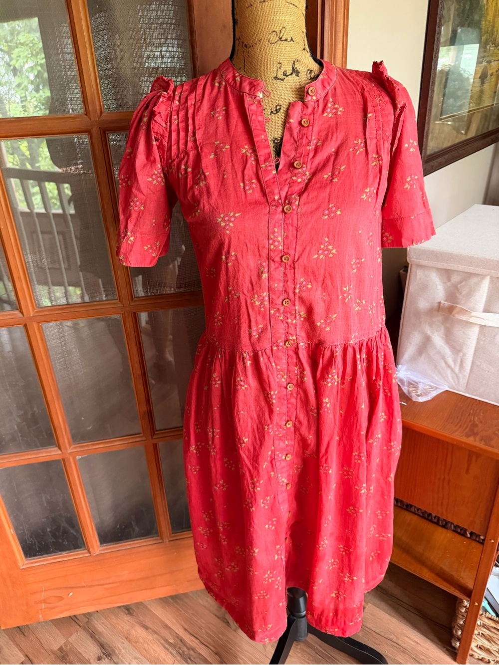 Free People Coral Red Floral Button-Front Midi Dress